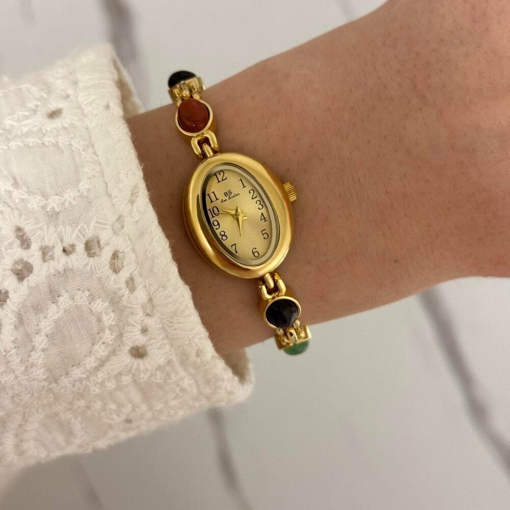 Sku:0463 gold mini watch bracelet with multicoloured natural‎ stones + gift bag - Picture 2 of 7